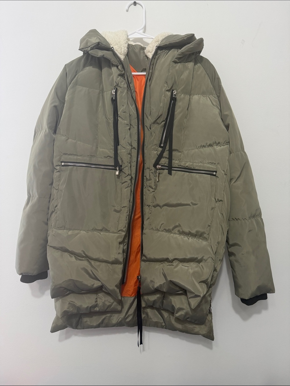 OLAY Olive Green Women's Hooded Puffer Jacket with Orange Lining